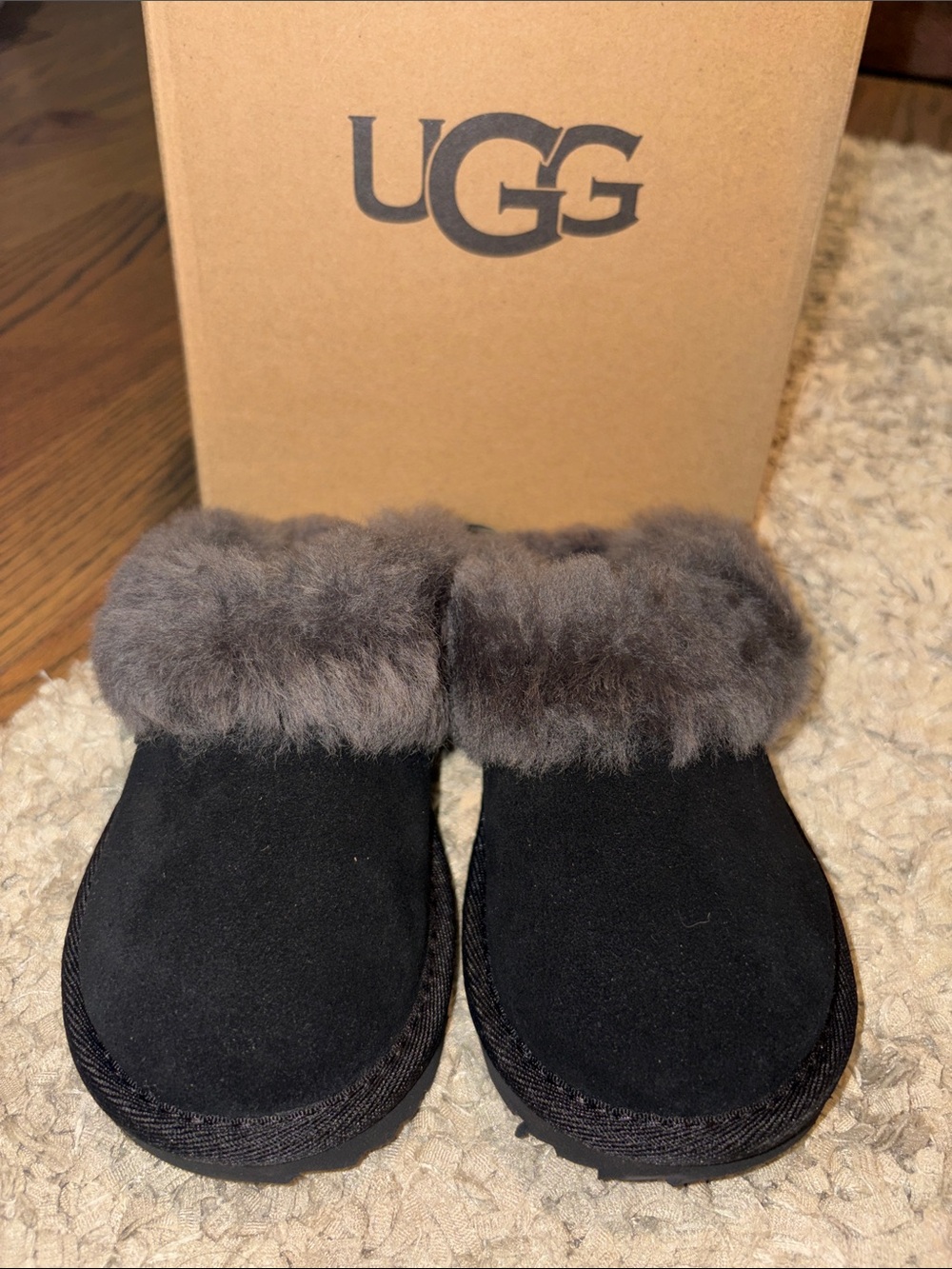 UGG Kids Black Suede Shearling Clog with Gray Fur Cuff